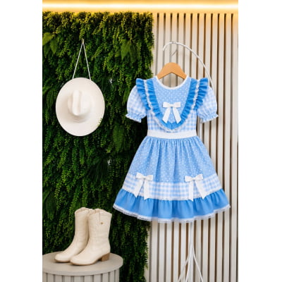Vestido Junino Infantil Azul Bebê Xadrez com Corações e Renda