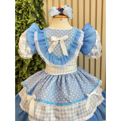 Vestido Junino Infantil Azul Bebê Xadrez com Corações e Renda