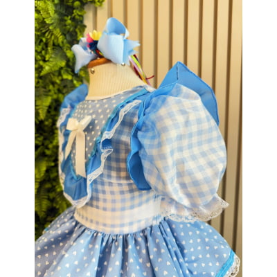 Vestido Junino Infantil Azul Bebê Xadrez com Corações e Renda