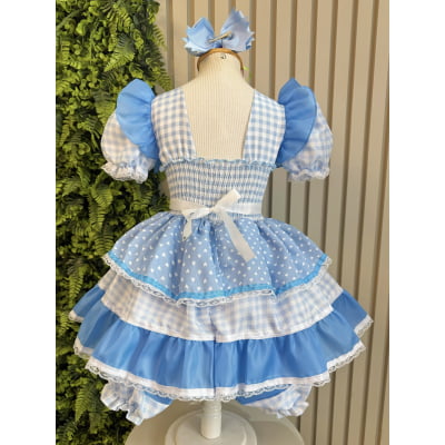 Vestido Junino Infantil Azul Bebê Xadrez com Corações e Renda