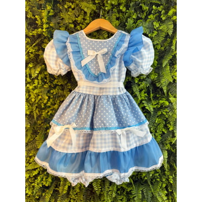 Vestido Junino Infantil Azul Bebê Xadrez com Corações e Renda
