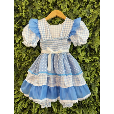 Vestido Junino Infantil Azul Bebê Xadrez com Corações e Renda