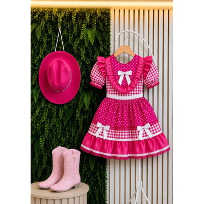 Vestido Junino Infantil Azul Pink Xadrez com Corações e Renda