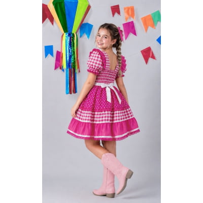 Vestido Junino Infantil Azul Pink Xadrez com Corações e Renda