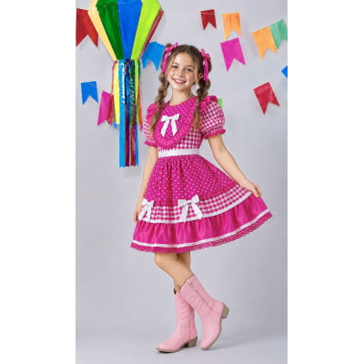 Vestido Junino Infantil Azul Pink Xadrez com Corações e Renda Vestido Junino Infantil Azul Pink Xadrez com Corações e Renda