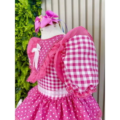 Vestido Junino Infantil Azul Pink Xadrez com Corações e Renda