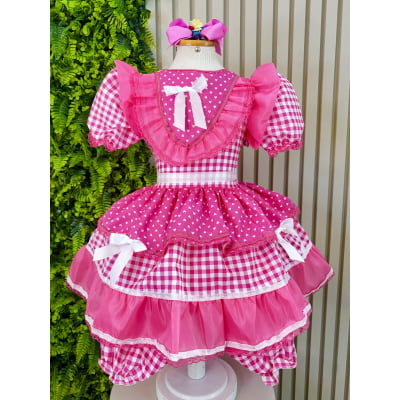 Vestido Junino Infantil Azul Pink Xadrez com Corações e Renda