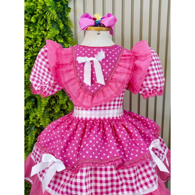 Vestido Junino Infantil Azul Pink Xadrez com Corações e Renda