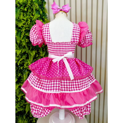 Vestido Junino Infantil Azul Pink Xadrez com Corações e Renda