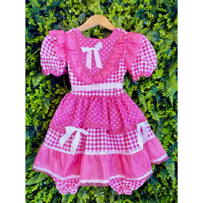 Vestido Junino Infantil Azul Pink Xadrez com Corações e Renda