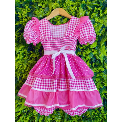 Vestido Junino Infantil Azul Pink Xadrez com Corações e Renda