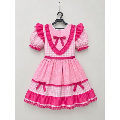 Vestido Junino Infantil Azul Rosa Xadrez com Corações e Renda Vestido Junino Infantil Azul Rosa Xadrez com Corações e Renda