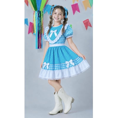 Vestido Junino Infantil Azul Turquesa Xadrez com Corações e Renda Vestido Junino Infantil Azul Turquesa Xadrez com Corações e Renda