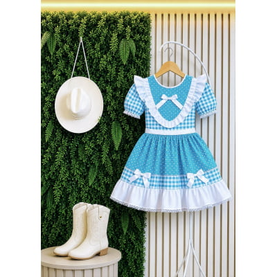 Vestido Junino Infantil Azul Turquesa Xadrez com Corações e Renda
