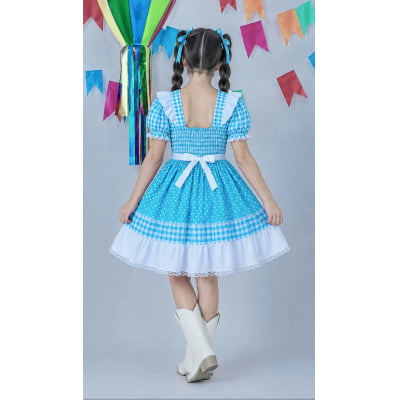 Vestido Junino Infantil Azul Turquesa Xadrez com Corações e Renda