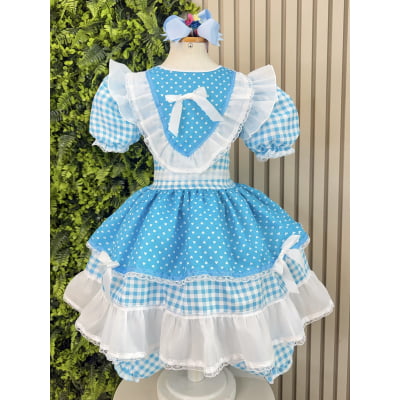Vestido Junino Infantil Azul Turquesa Xadrez com Corações e Renda