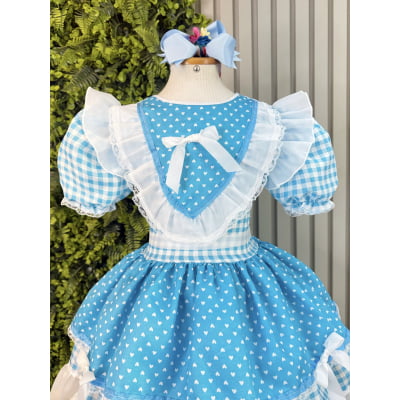 Vestido Junino Infantil Azul Turquesa Xadrez com Corações e Renda