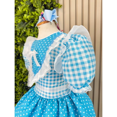 Vestido Junino Infantil Azul Turquesa Xadrez com Corações e Renda