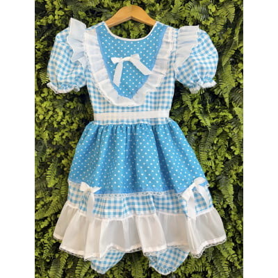 Vestido Junino Infantil Azul Turquesa Xadrez com Corações e Renda