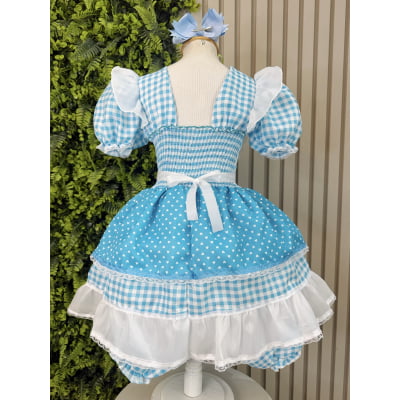 Vestido Junino Infantil Azul Turquesa Xadrez com Corações e Renda