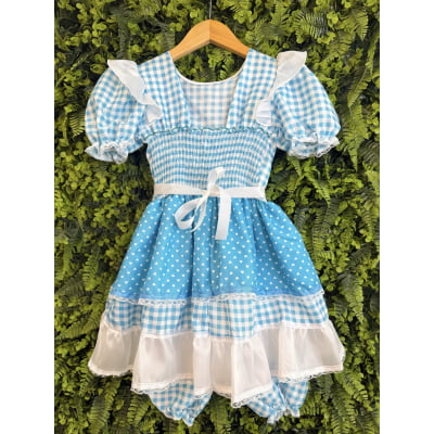 Vestido Junino Infantil Azul Turquesa Xadrez com Corações e Renda