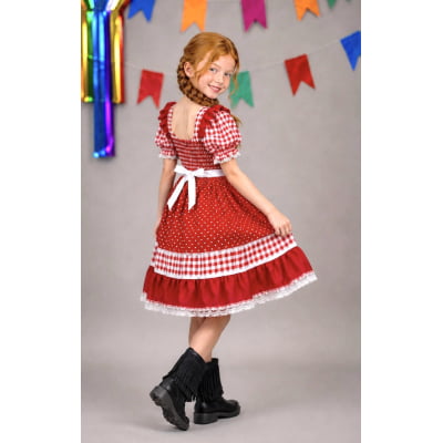 Vestido Junino Infantil Azul Vermelho Xadrez com Corações e Renda