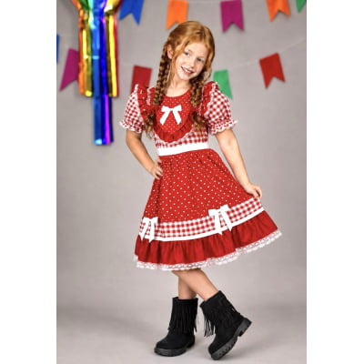 Vestido Junino Infantil Azul Vermelho Xadrez com Corações e Renda Vestido Junino Infantil Azul Vermelho Xadrez com Corações e Renda