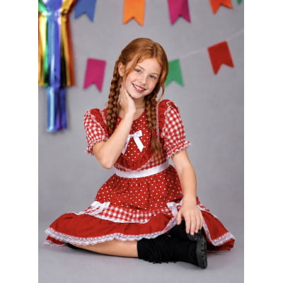 Vestido Junino Infantil Azul Vermelho Xadrez com Corações e Renda