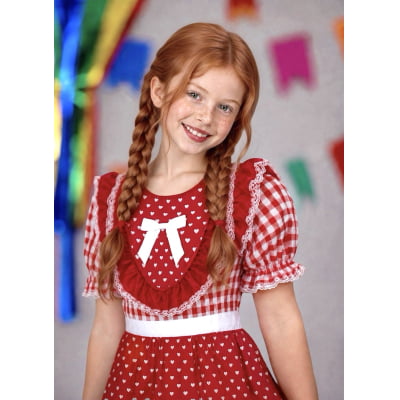 Vestido Junino Infantil Azul Vermelho Xadrez com Corações e Renda