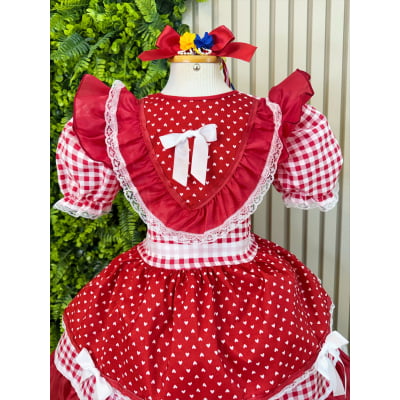 Vestido Junino Infantil Azul Vermelho Xadrez com Corações e Renda