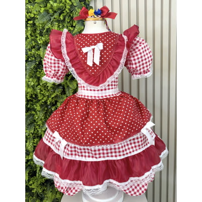 Vestido Junino Infantil Azul Vermelho Xadrez com Corações e Renda