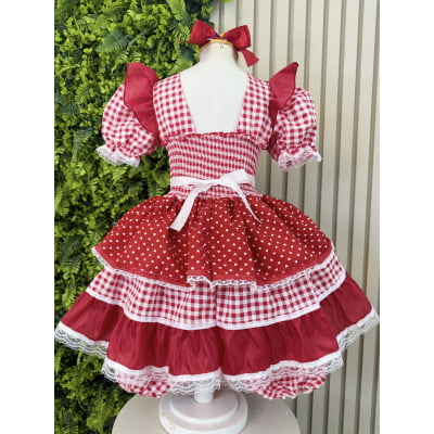 Vestido Junino Infantil Azul Vermelho Xadrez com Corações e Renda