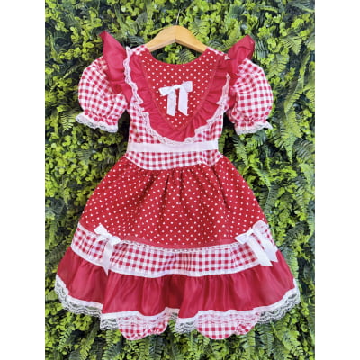 Vestido Junino Infantil Azul Vermelho Xadrez com Corações e Renda