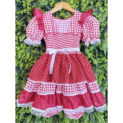 Vestido Junino Infantil Azul Vermelho Xadrez com Corações e Renda