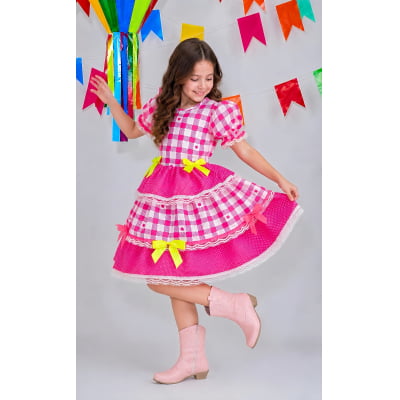 Vestido Junino Infantil Pink Xadrez com Corações e Laços
