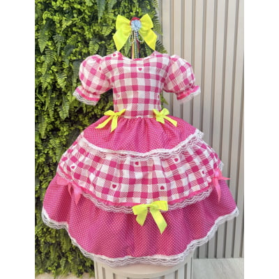 Vestido Junino Infantil Pink Xadrez com Corações e Laços