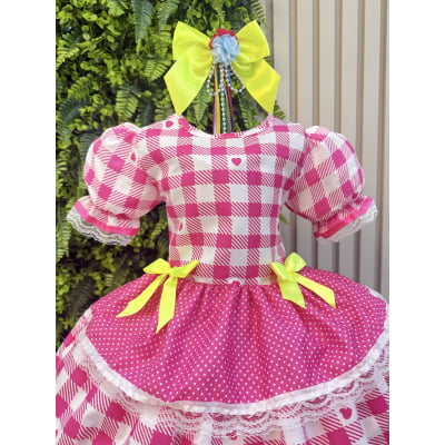 Vestido Junino Infantil Pink Xadrez com Corações e Laços