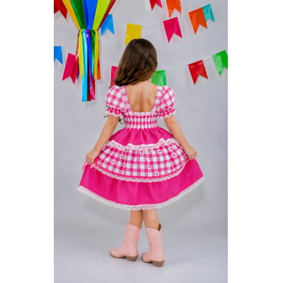 Vestido Junino Infantil Pink Xadrez com Corações e Laços