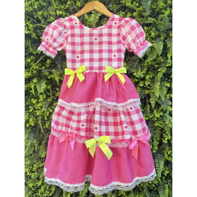 Vestido Junino Infantil Pink Xadrez com Corações e Laços