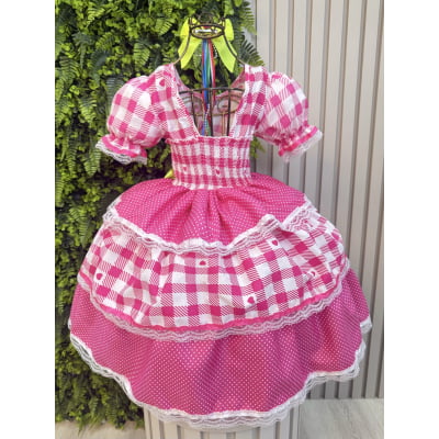 Vestido Junino Infantil Pink Xadrez com Corações e Laços