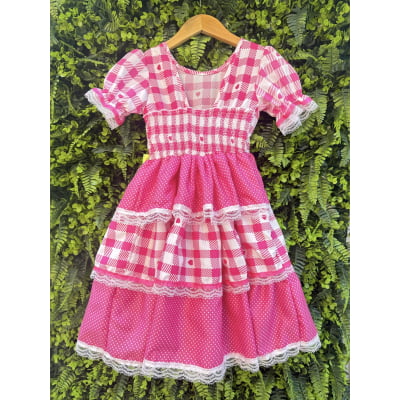 Vestido Junino Infantil Pink Xadrez com Corações e Laços