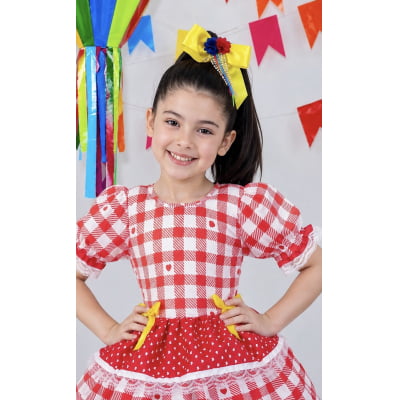 Vestido Junino Infantil Vermelho Xadrez com Corações e Laços