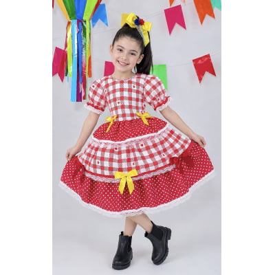 Vestido Junino Infantil Vermelho Xadrez com Corações e Laços Vestido Junino Infantil Vermelho Xadrez com Corações e Laços