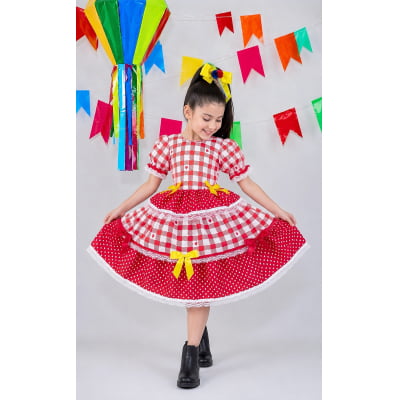 Vestido Junino Infantil Vermelho Xadrez com Corações e Laços