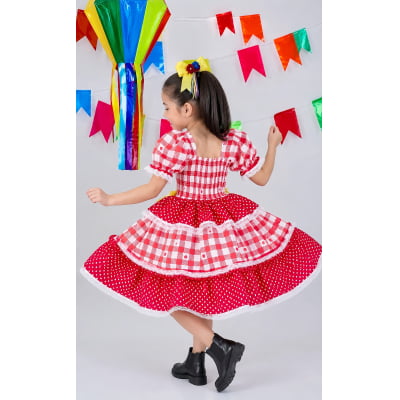 Vestido Junino Infantil Vermelho Xadrez com Corações e Laços