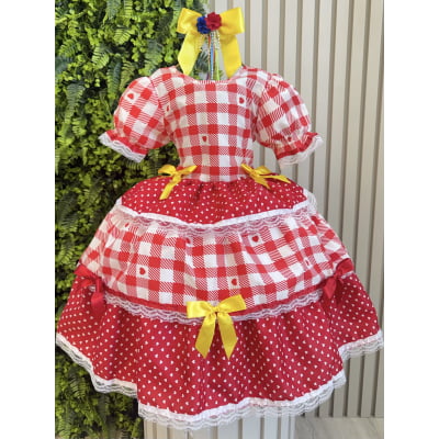 Vestido Junino Infantil Vermelho Xadrez com Corações e Laços