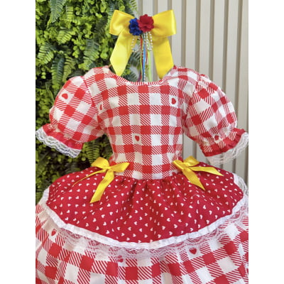 Vestido Junino Infantil Vermelho Xadrez com Corações e Laços