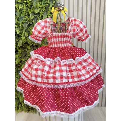Vestido Junino Infantil Vermelho Xadrez com Corações e Laços