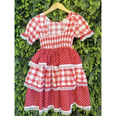 Vestido Junino Infantil Vermelho Xadrez com Corações e Laços