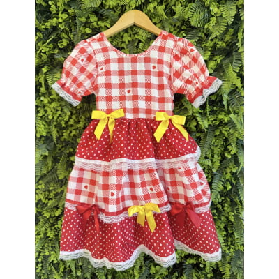 Vestido Junino Infantil Vermelho Xadrez com Corações e Laços